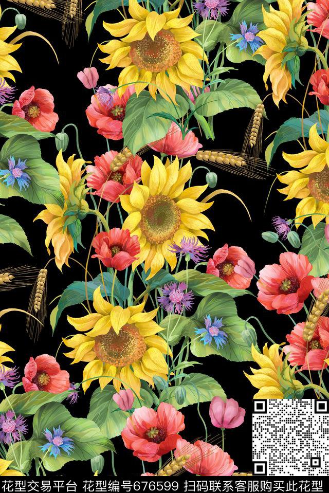 罂粟花向日葵麦穗数码印花华亿平台下载（图片编号: 676599） - 瓦栏（Walan）