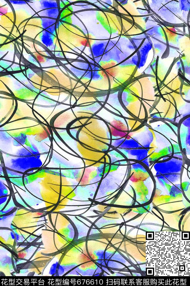 手绘线条水彩于黑线条手绘水彩数码印花华亿平台下载（图片编号: 676610） - 瓦栏（Walan）