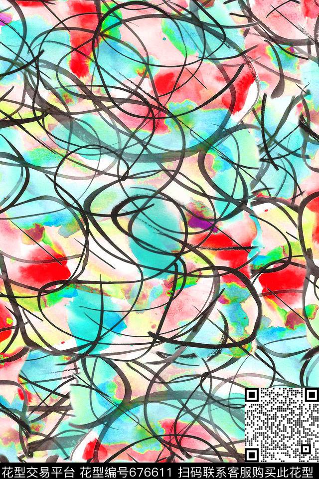 手绘线条水彩于黑线条手绘水彩数码印花华亿平台下载（图片编号: 676611） - 瓦栏（Walan）