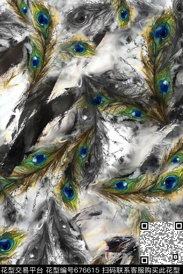 孔雀羽毛肌理黑白数码印花华亿平台下载（图片编号: 676615） - 瓦栏（Walan）