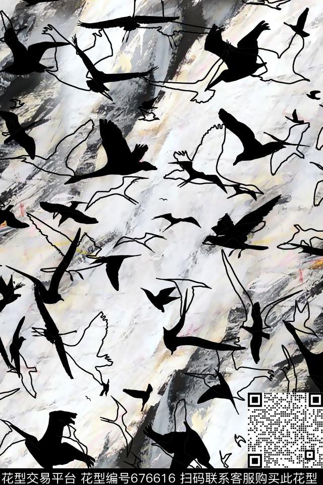 趣味飞鸟剪影数码印花华亿平台下载（图片编号: 676616） - 瓦栏（Walan）
