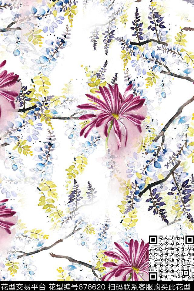 雏菊水墨水彩数码印花华亿平台下载（图片编号: 676620） - 瓦栏（Walan）