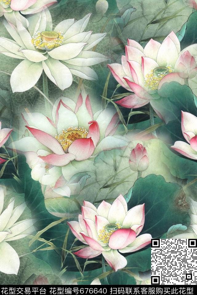 荷花工笔画真丝数码印花华亿平台下载（图片编号: 676640） - 瓦栏（Walan）