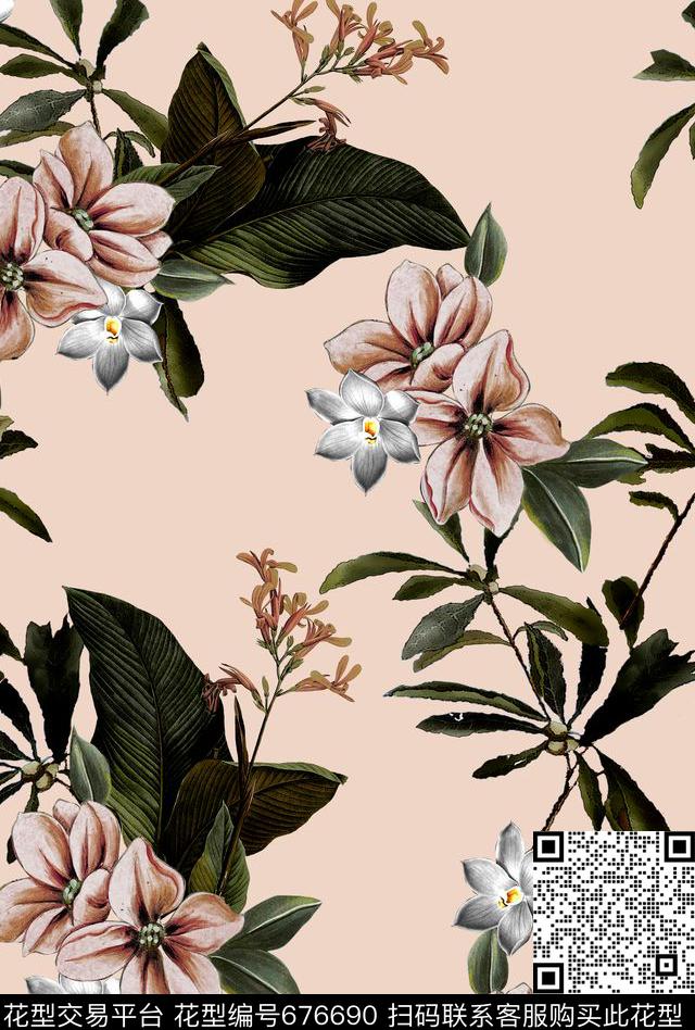 大花牡丹玫瑰数码印花华亿平台下载（图片编号: 676690） - 瓦栏（Walan）