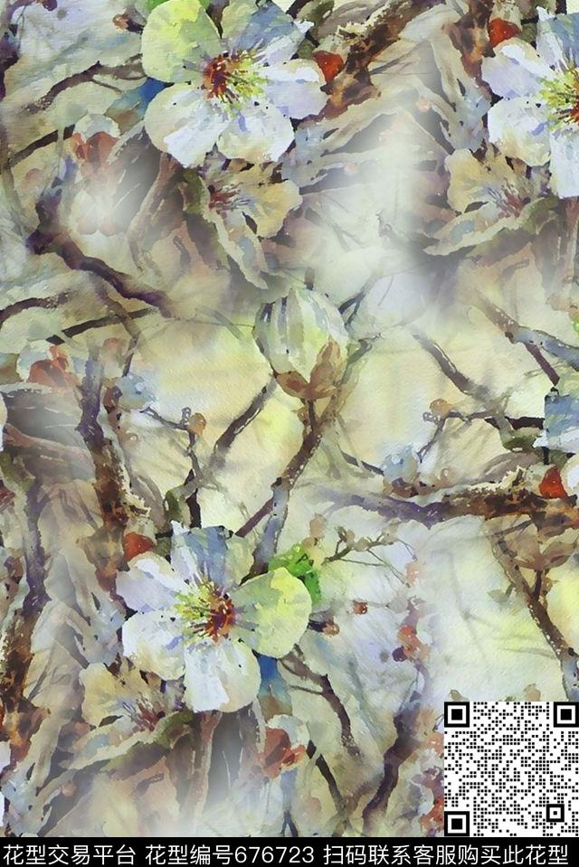 手绘水彩大气水彩花朵数码印花华亿平台下载（图片编号: 676723） - 瓦栏（Walan）