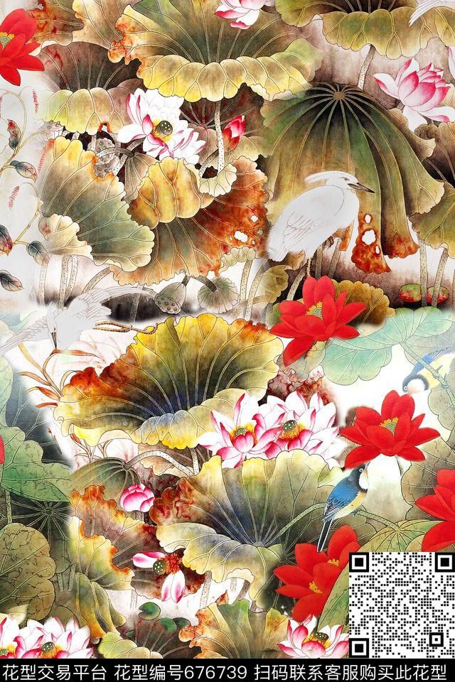 花卉鸟荷花数码印花华亿平台下载（图片编号: 676739） - 瓦栏（Walan）