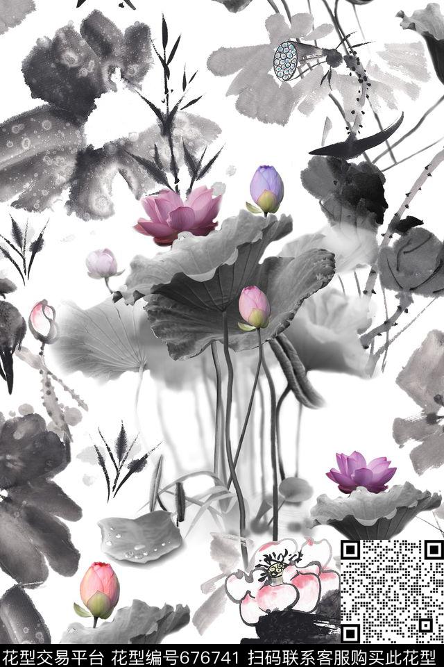 花卉莲花水墨数码印花华亿平台下载（图片编号: 676741） - 瓦栏（Walan）