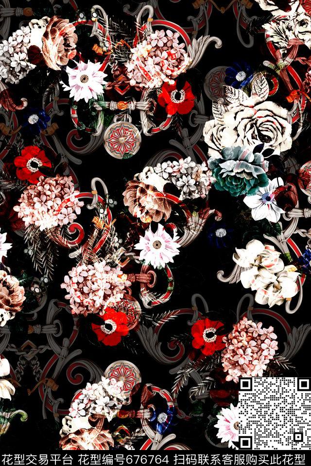 玫瑰罂粟花花朵数码印花华亿平台下载（图片编号: 676764） - 瓦栏（Walan）