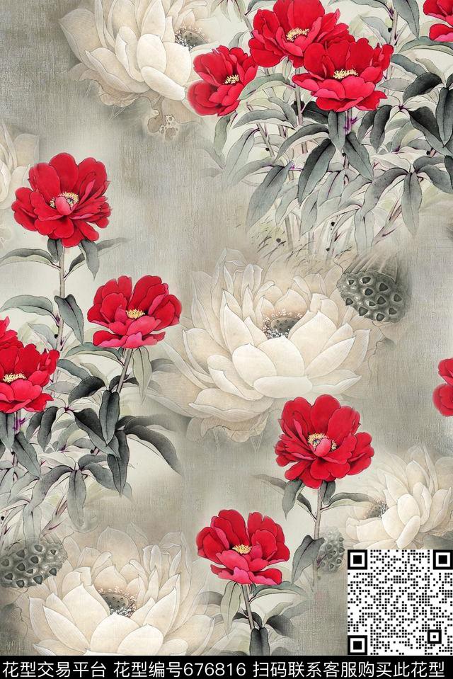 面料花花卉流行时尚循环回位四方连续数码印花华亿平台下载（图片编号: 676816） - 瓦栏（Walan）