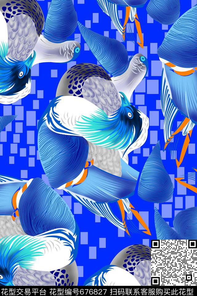 分色抽像小鸟数码印花华亿平台下载（图片编号: 676827） - 瓦栏（Walan）