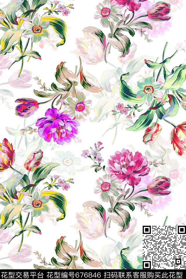 手绘花卉大花花朵传统印花华亿平台下载（图片编号: 676846） - 瓦栏（Walan）