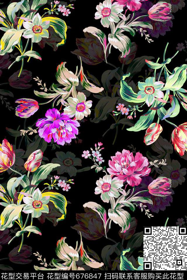 手绘花卉大花花朵传统印花华亿平台下载（图片编号: 676847） - 瓦栏（Walan）