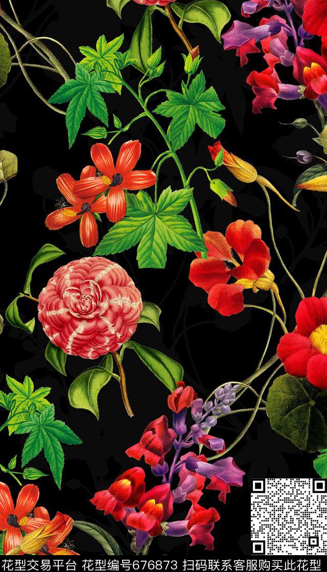 复古古典欧式花卉红色女装数码印花华亿平台下载（图片编号: 676873） - 瓦栏（Walan）