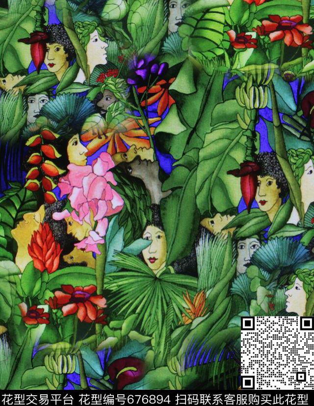 花卉人物叶子数码印花华亿平台下载（图片编号: 676894） - 瓦栏（Walan）