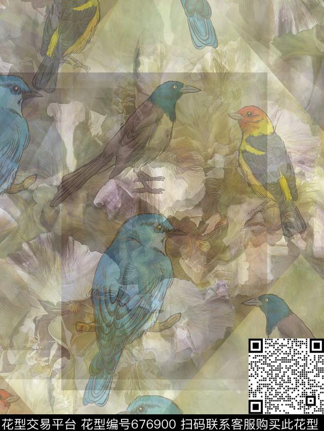 复古花卉小鸟数码印花华亿平台下载（图片编号: 676900） - 瓦栏（Walan）