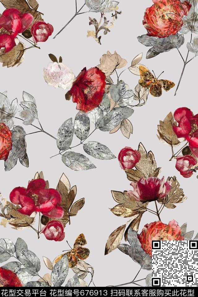 装饰花卉欧式素雅数码印花华亿平台下载（图片编号: 676913） - 瓦栏（Walan）