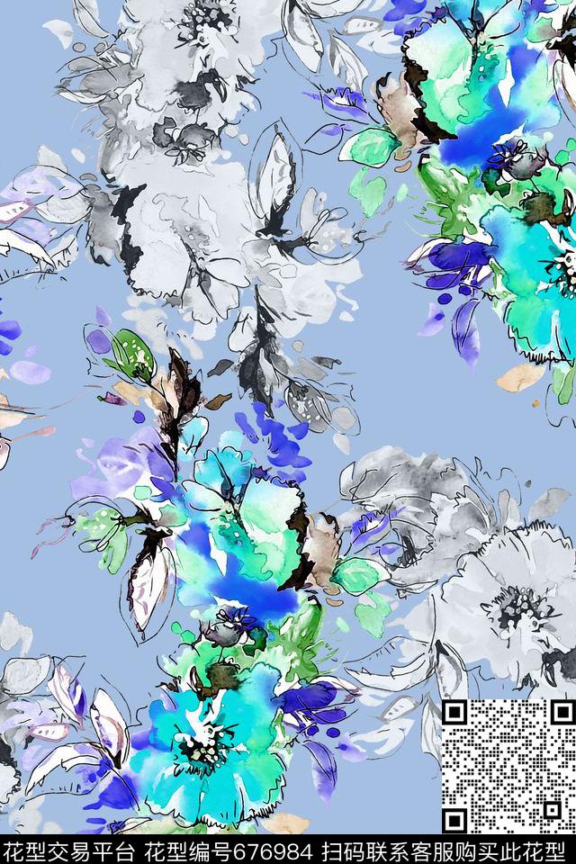 水彩花卉手绘数码印花华亿平台下载（图片编号: 676984） - 瓦栏（Walan）