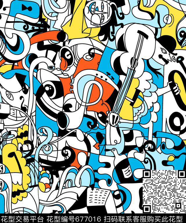 卡通音乐元素Fei-女装数码印花华亿平台下载（图片编号: 677016） - 瓦栏（Walan）