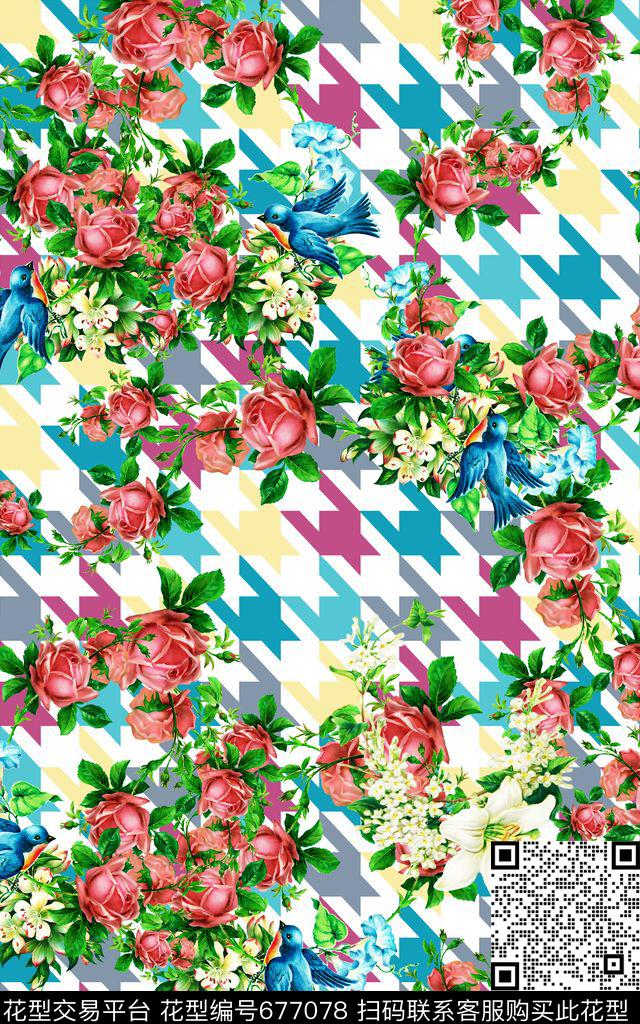 大花卉花朵千鸟格底数码印花华亿平台下载（图片编号: 677078） - 瓦栏（Walan）