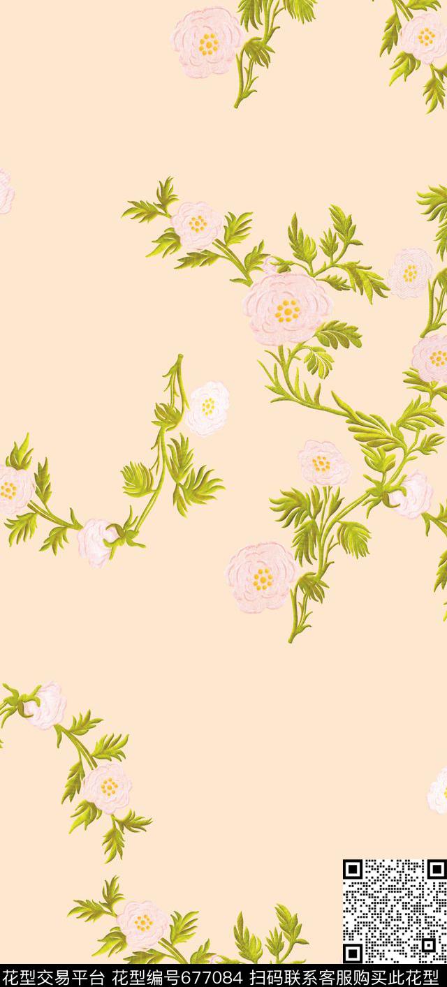 时尚优雅花卉叶子数码印花华亿平台下载（图片编号: 677084） - 瓦栏（Walan）