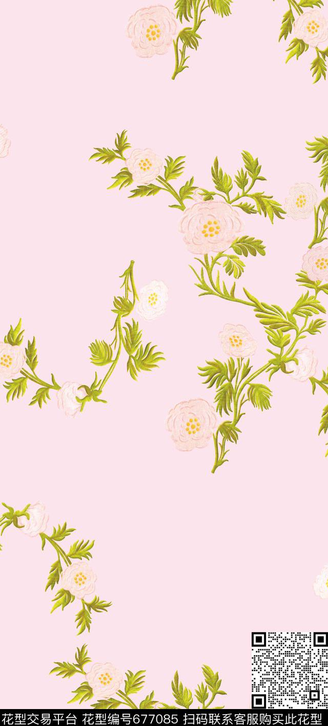 时尚优雅花卉叶子数码印花华亿平台下载（图片编号: 677085） - 瓦栏（Walan）
