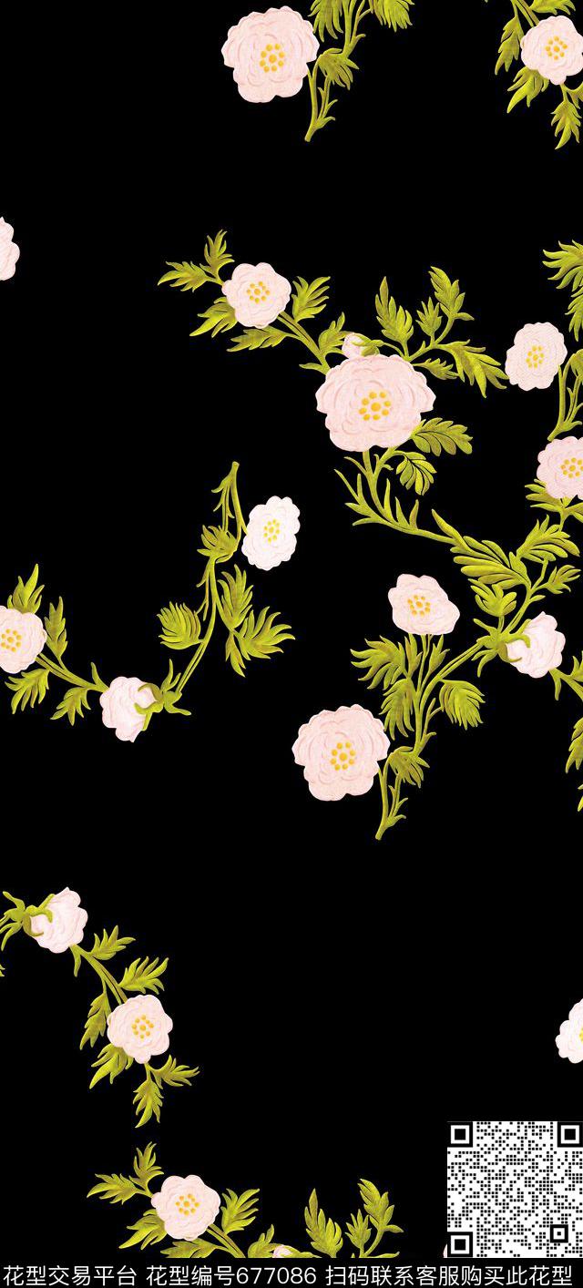 时尚优雅花卉叶子数码印花华亿平台下载（图片编号: 677086） - 瓦栏（Walan）