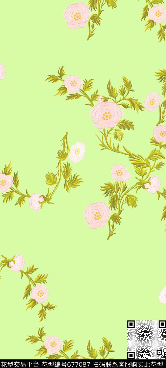时尚优雅花卉叶子数码印花华亿平台下载（图片编号: 677087） - 瓦栏（Walan）