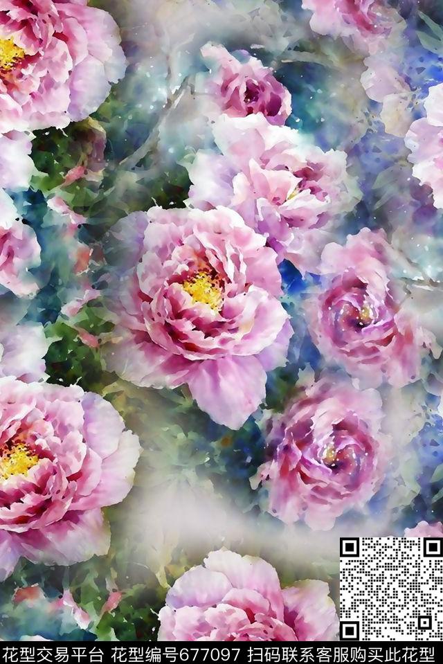 手绘水彩花朵花卉数码印花华亿平台下载（图片编号: 677097） - 瓦栏（Walan）