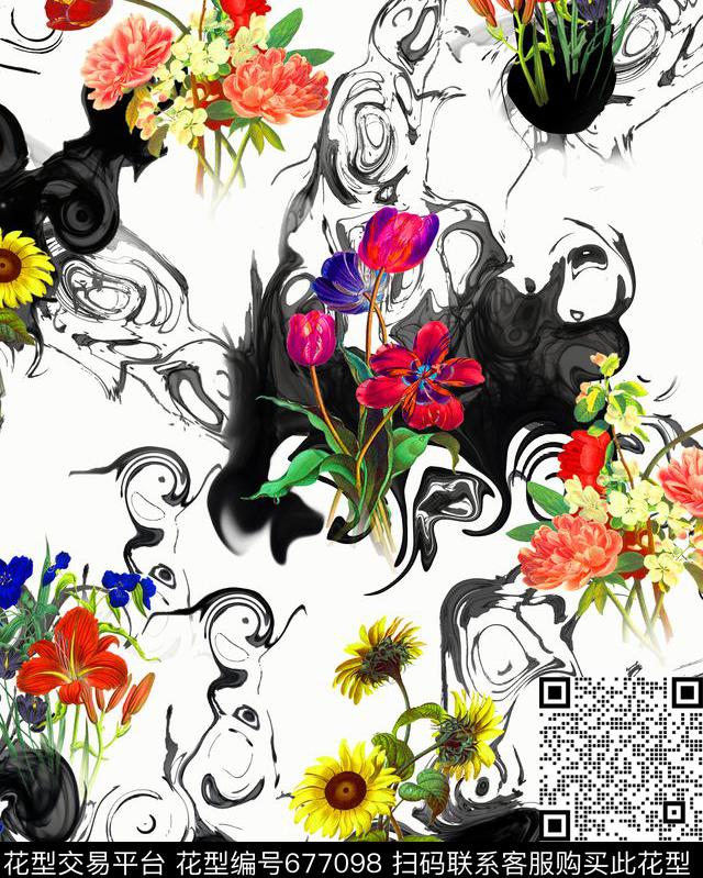 花卉水墨抽象数码印花华亿平台下载（图片编号: 677098） - 瓦栏（Walan）