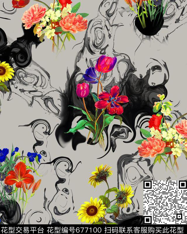 花卉水墨抽象数码印花华亿平台下载（图片编号: 677100） - 瓦栏（Walan）