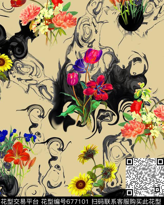 花卉水墨抽象数码印花华亿平台下载（图片编号: 677101） - 瓦栏（Walan）
