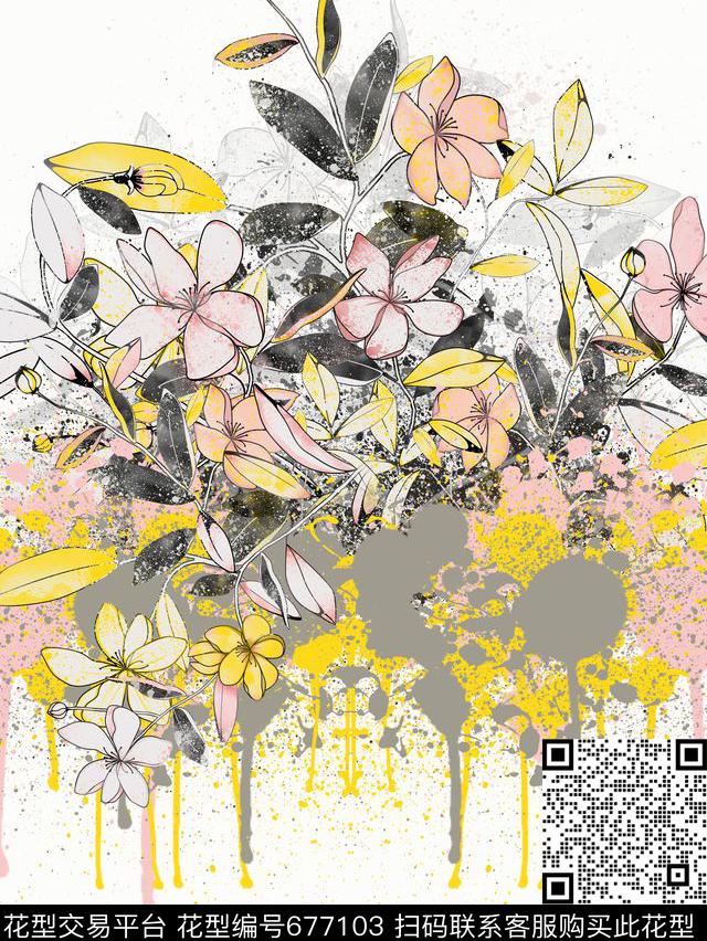 手绘桃花趣味数码印花华亿平台下载（图片编号: 677103） - 瓦栏（Walan）