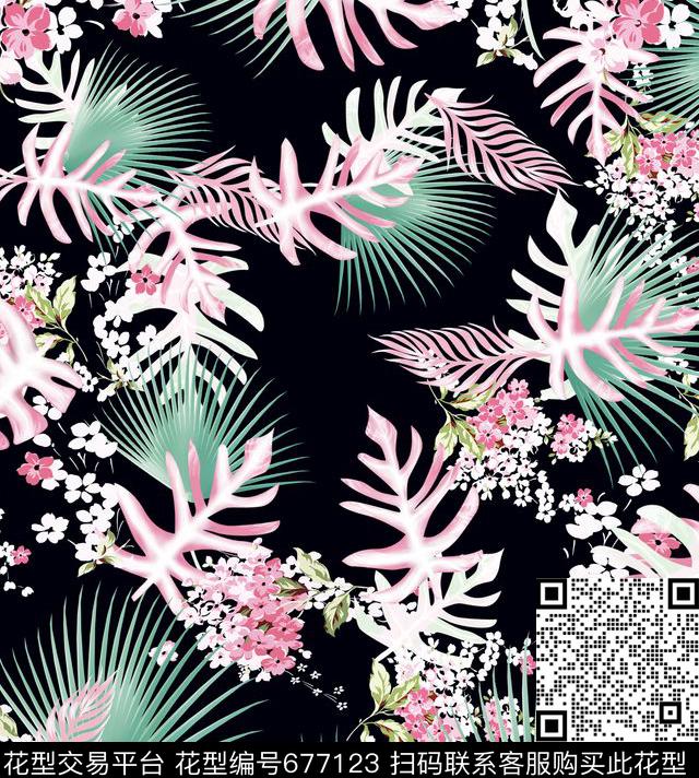 热带植物花卉叶子数码印花华亿平台下载（图片编号: 677123） - 瓦栏（Walan）