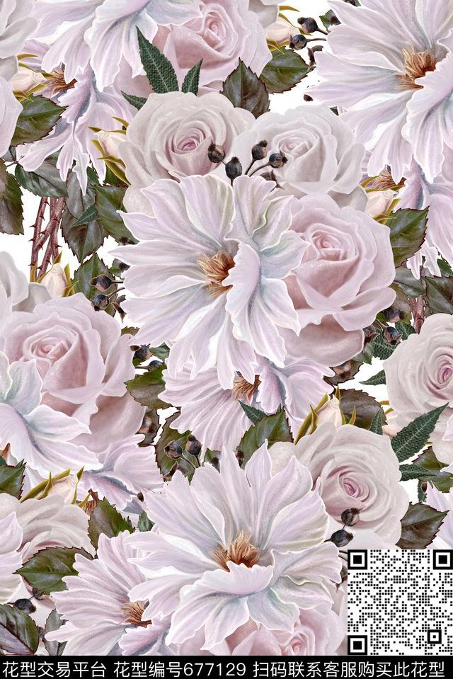 手绘绽放花卉数码印花华亿平台下载（图片编号: 677129） - 瓦栏（Walan）
