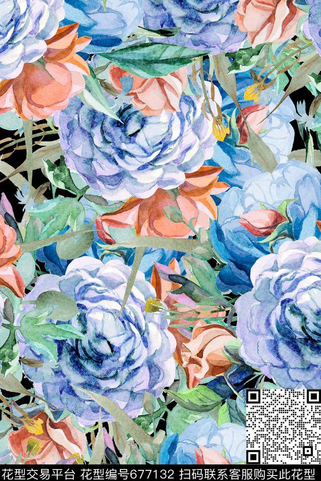 满版手绘大朵数码印花华亿平台下载（图片编号: 677132） - 瓦栏（Walan）
