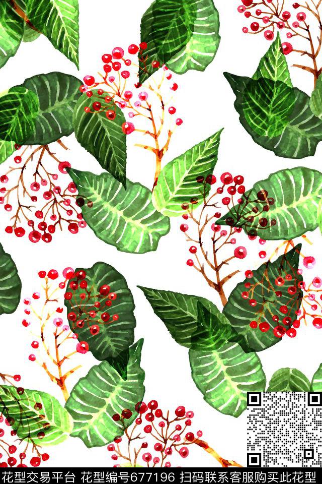 夏日风手绘植物叶子花枝数码印花华亿平台下载（图片编号: 677196） - 瓦栏（Walan）