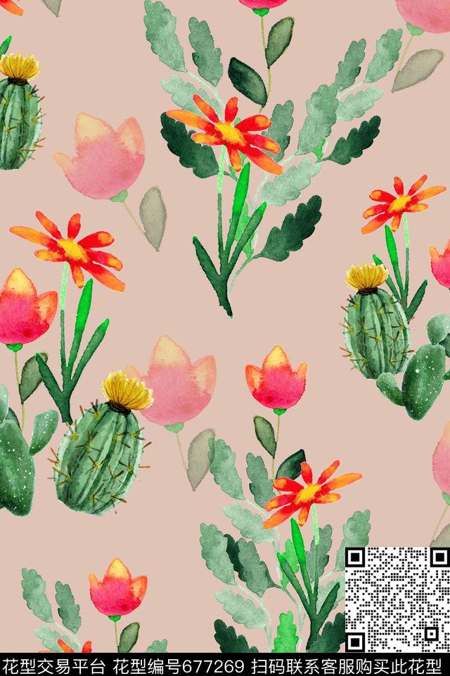 水彩手绘热带仙人掌数码印花华亿平台下载（图片编号: 677269） - 瓦栏（Walan）