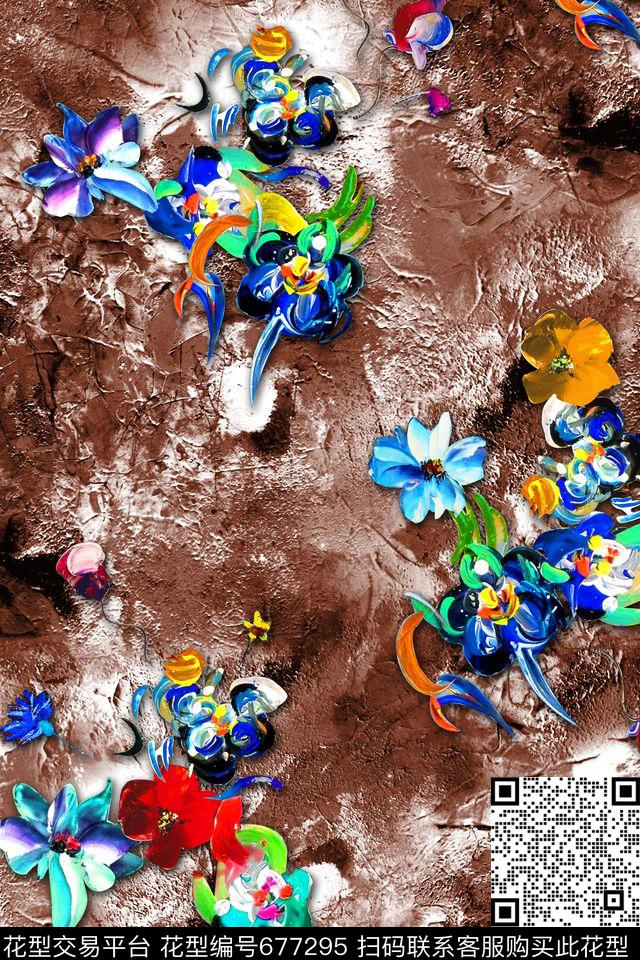 花卉抽象油画数码印花华亿平台下载（图片编号: 677295） - 瓦栏（Walan）