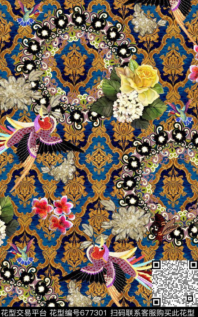 民族风鸟花卉数码印花华亿平台下载（图片编号: 677301） - 瓦栏（Walan）