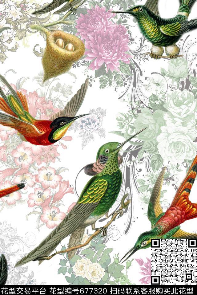 花卉鸟巢数码印花华亿平台下载（图片编号: 677320） - 瓦栏（Walan）