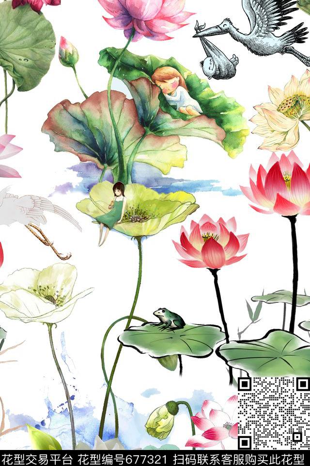 荷花鹤拇指姑娘数码印花华亿平台下载（图片编号: 677321） - 瓦栏（Walan）