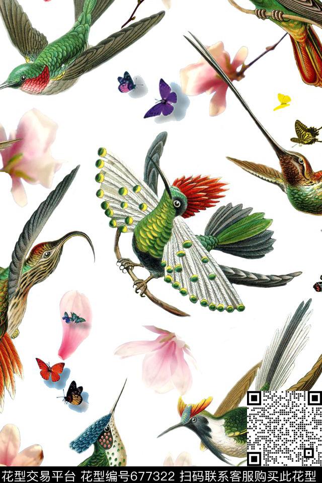 鸟蝴蝶桃花数码印花华亿平台下载（图片编号: 677322） - 瓦栏（Walan）