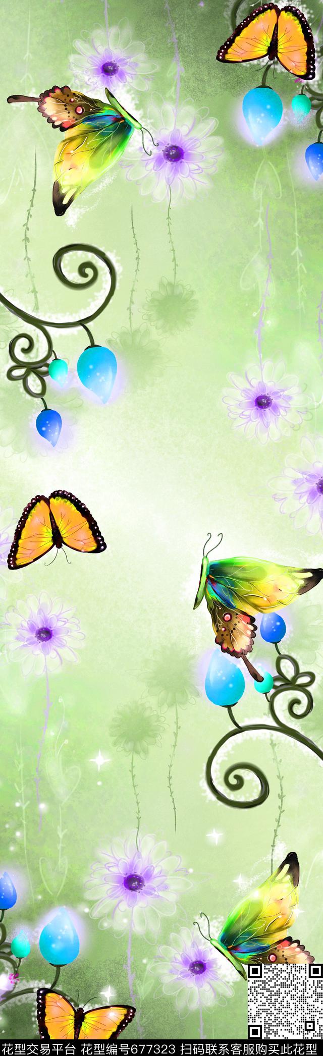 蒲公英花朵蝴蝶数码印花华亿平台下载（图片编号: 677323） - 瓦栏（Walan）