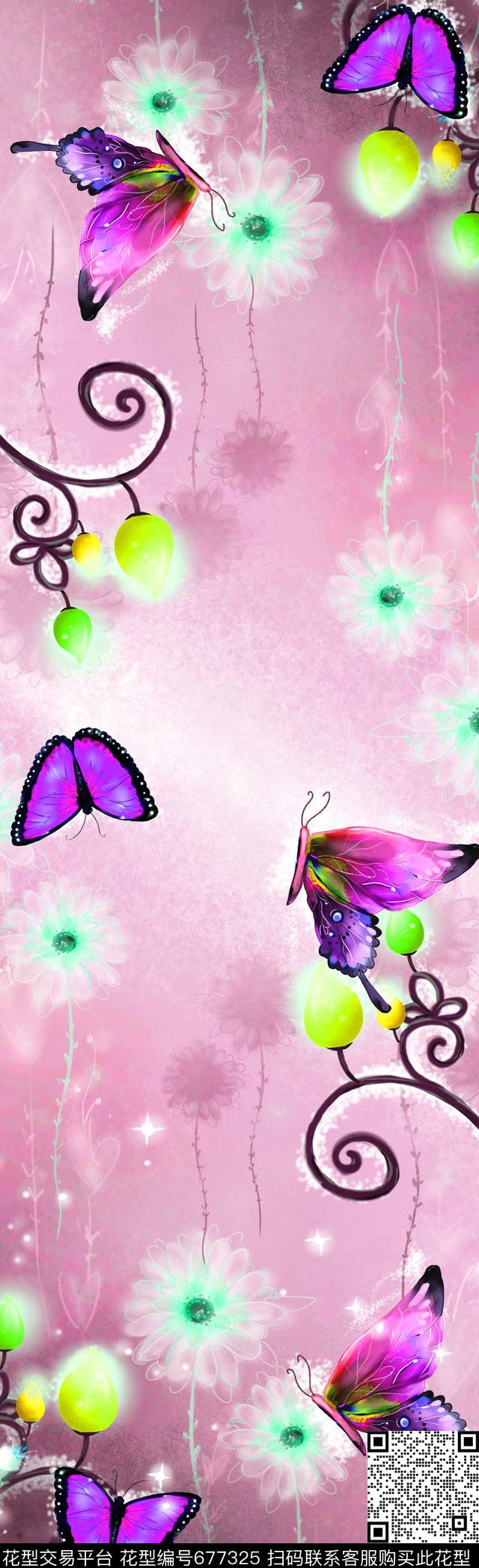 蒲公英花朵蝴蝶数码印花华亿平台下载（图片编号: 677325） - 瓦栏（Walan）