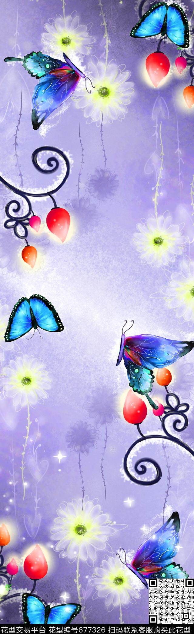 蒲公英花朵蝴蝶数码印花华亿平台下载（图片编号: 677326） - 瓦栏（Walan）