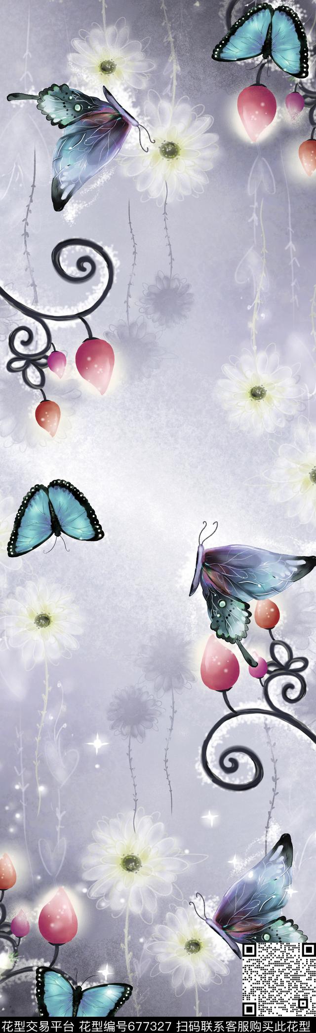 蒲公英花朵蝴蝶数码印花华亿平台下载（图片编号: 677327） - 瓦栏（Walan）