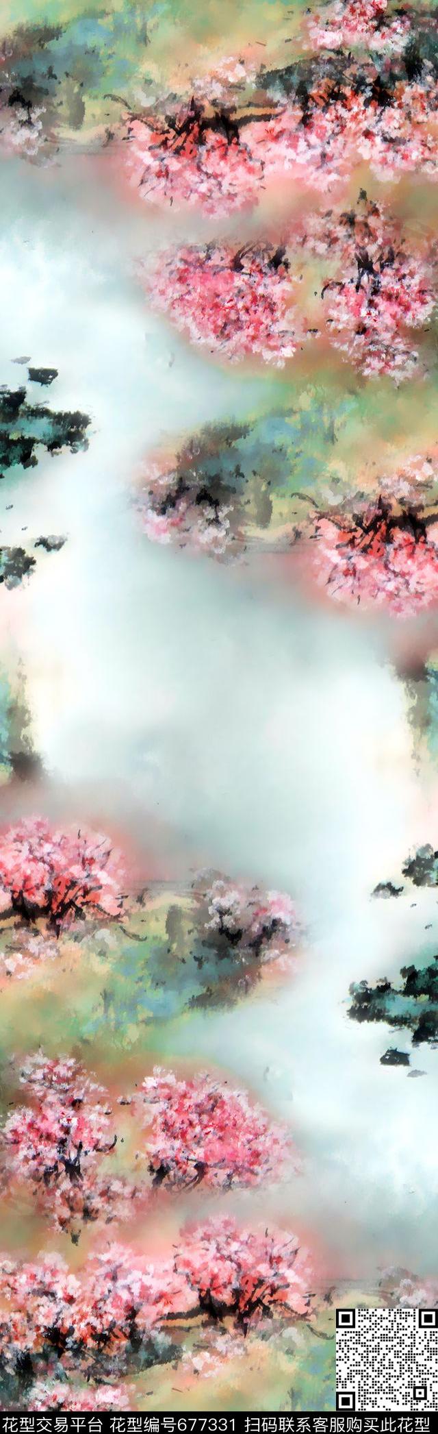 桃花风景抽象数码印花华亿平台下载（图片编号: 677331） - 瓦栏（Walan）