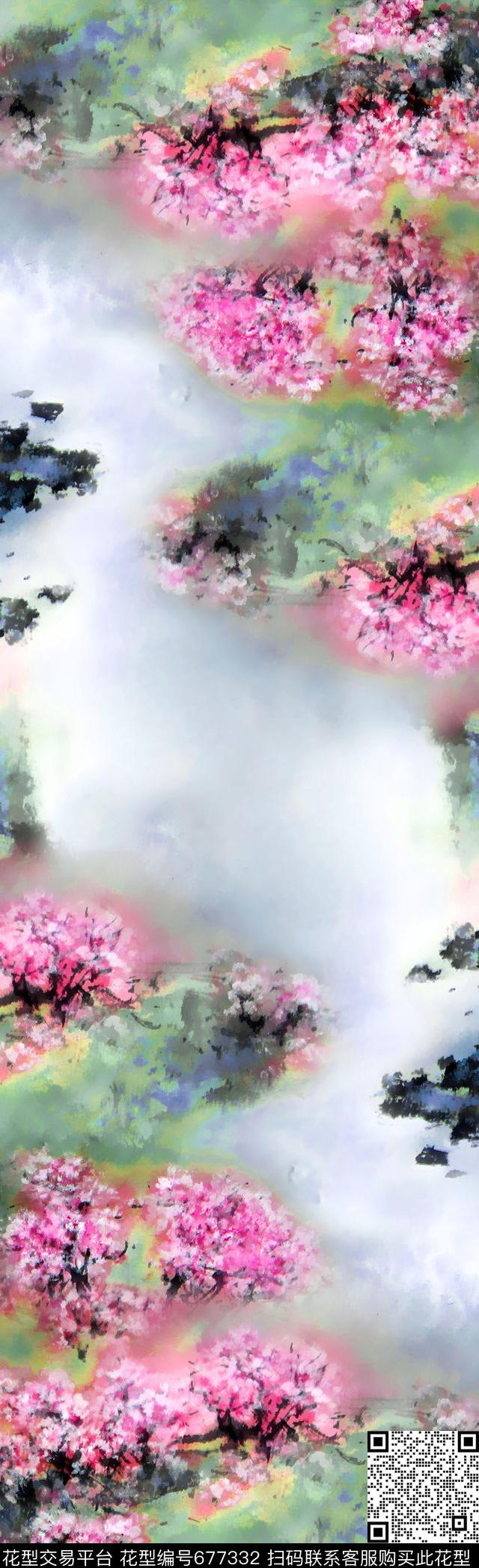 桃花风景抽象数码印花华亿平台下载（图片编号: 677332） - 瓦栏（Walan）