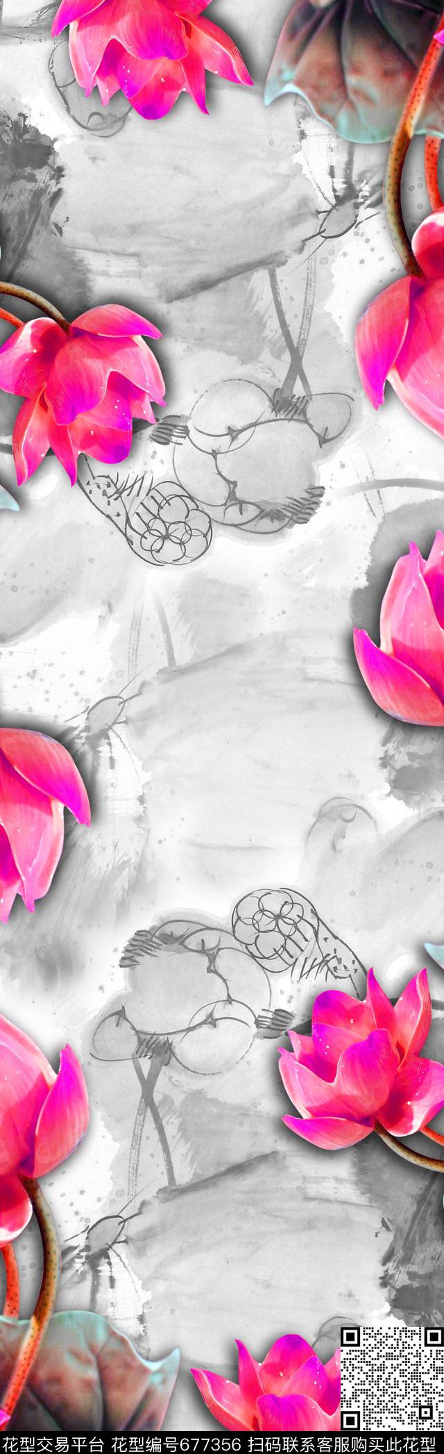 围巾荷花荷叶数码印花华亿平台下载（图片编号: 677356） - 瓦栏（Walan）