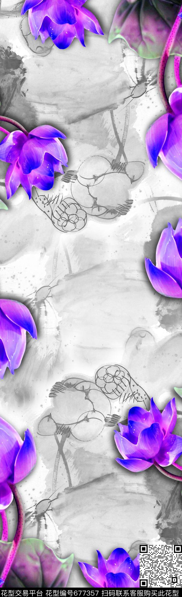 围巾荷花荷叶数码印花华亿平台下载（图片编号: 677357） - 瓦栏（Walan）